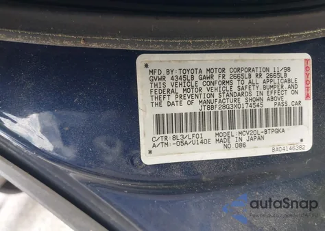 1999 Lexus Es 300 из США, поврежденный, VIN JT8BF28G3X0174545